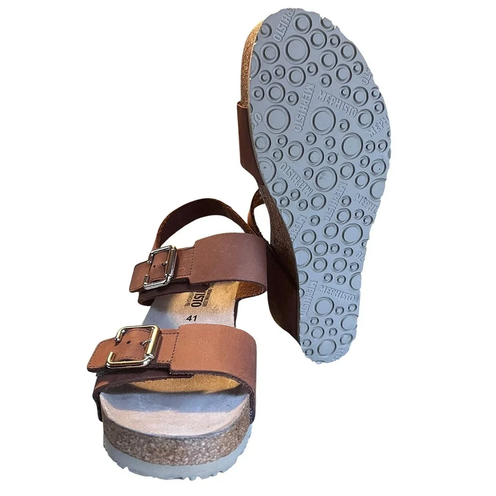 Mephisto Air-Relax Brown Leather Cork Wedge Buckle Sandals EU 41 Portugal *FLAW* - Picture 10 of 16